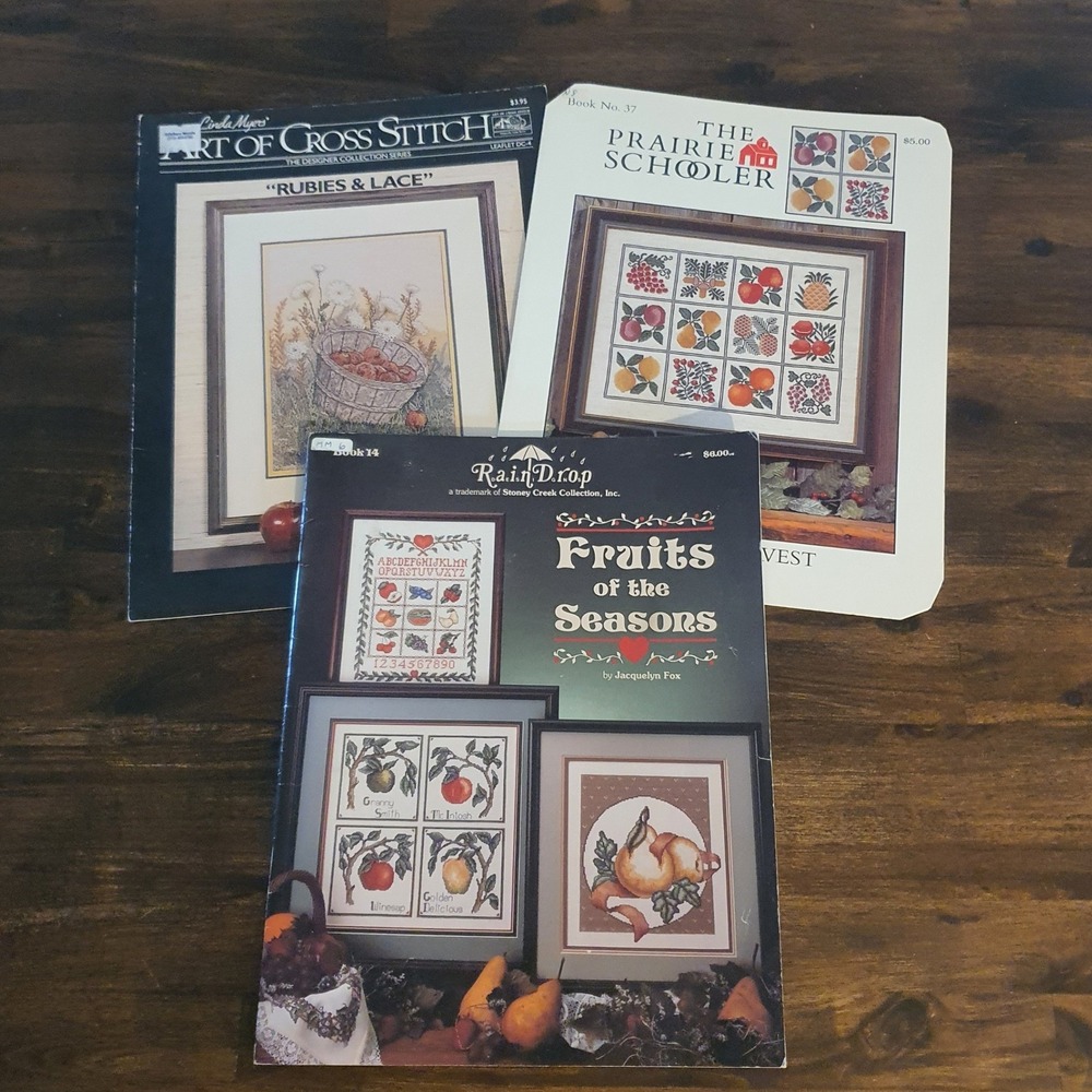 Vintage Cross Stitch Pattern Lot Prairie‎ Schooler RainDrop Linda Myers Fruit